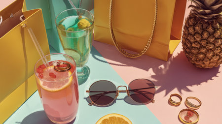 Stylish summer flatlay, luxury shopping bags, fruity drinks, sunglasses, gold rings, pastel background, high-end Instagram aestheticの素材
