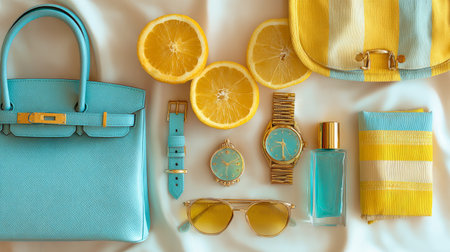 Vibrant summer fashion flatlay, turquoise and yellow color palette, citrus fruit halves, sunglasses, luxury bags, watch and perfume, airy soft lightの素材