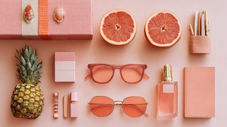 High-end summer shopping concept, pink and coral tones, designer packaging, tropical fruits, sunglasses, perfume, chic flatlay style, modern lifestyle lookの素材