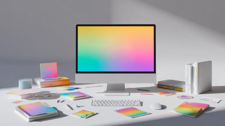 Minimalist tech photography, focus on monitor showing vibrant gradient art, scattered stationery, books, bright soft light on white tableの素材