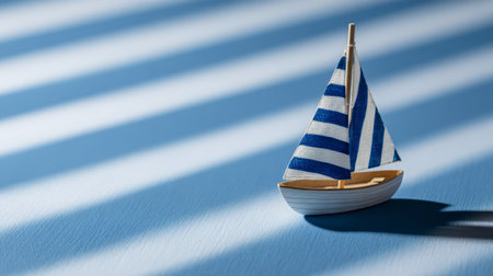 Small sailboat model floating on striped blue and white surface symbolizing ocean waves, simple layout, soft shadows, professional stock photo styleの素材