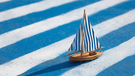 Wooden miniature sailboat sailing across bold blue and white stripes, abstract sea theme, calm mood, commercial stock photoの素材