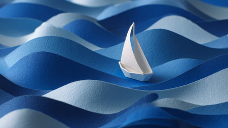 Paper sailboat model navigating stylized geometric blue and white waves, artistic minimalism, concept of creativity and explorationの素材