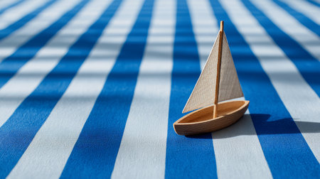 Wooden miniature sailboat sailing across bold blue and white stripes, abstract sea theme, calm mood, commercial stock photoの素材