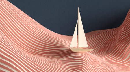 Minimalist 3D render of sailboat model on stylized striped waves, clean textures, concept of creativity and motion, high-quality design aestheticの素材