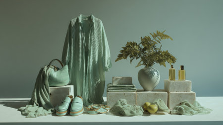 Minimal studio styling for women collection, mint fashion items arranged with balance and sunlight, soft luxury toneの素材