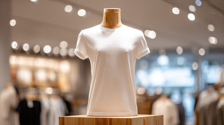 Fashion display concept, front view of relaxed white t-shirt on wooden torso mannequin, bright background, photorealistic textureの素材