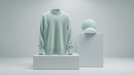 Elegant minimalist fashion display featuring mint sweater and shirt side by side, cap below on pedestal, clean white background, photorealistic lightingの素材