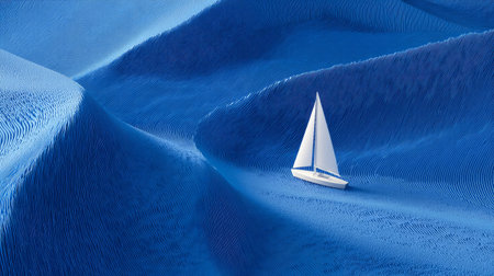 Creative concept of a minimalist sailboat model navigating abstract blue and white lines as waves, geometric aesthetic, crisp lightingの素材