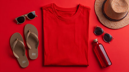Flat lay of stylish summer outfit on red surface, t-shirt mockup, flip-flops, sunglasses, hat, and bottle, clean bright compositionの素材