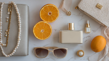 Minimal modern lifestyle flatlay, white and beige tones, fresh orange slices, perfume, elegant accessories, luxury paper bagsの素材