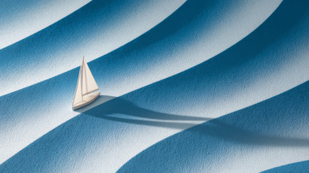 Modern flat lay of minimalist sailboat navigating alternating blue and white wave patterns, soft shadows, serene conceptual photographyの素材