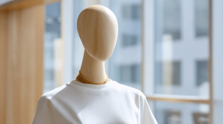 Elegant apparel display, wooden mannequin wearing oversized white t-shirt, bright modern studio, clear texture visibilityの素材