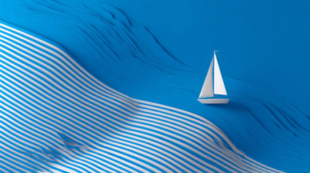 Minimalist geometric scene with sailboat model over diagonal blue and white striped waves, clean lines, modern design lookの素材