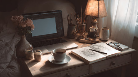 Inspiring workspace corner featuring laptop, sketchbook, coffee cup, and soft morning light, cozy yet efficient designの素材