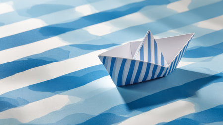 Paper boat model floating on graphic striped blue and white water surface, soft daylight, simple modern concept photoの素材