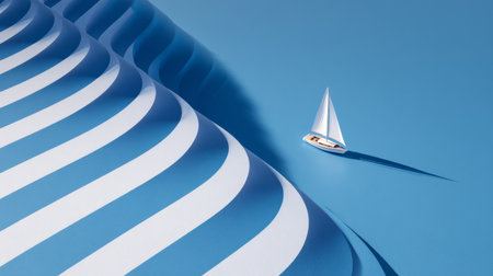 Modern flat lay of minimalist sailboat navigating alternating blue and white wave patterns, soft shadows, serene conceptual photographyの素材