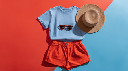 Minimal summer outfit mockup, flat lay with blue tee, shorts, sunglasses, and hat, red isolated background, airy and vibrantの素材