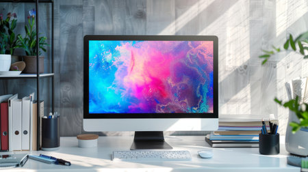 Sleek modern monitor on an elegant white desk, surrounded by scattered books and stationery, screen showing vibrant abstract digital patterns in blue, purple, pink, and red, soft side lighting with gentle shadows, minimalist high-quality photographyの素材