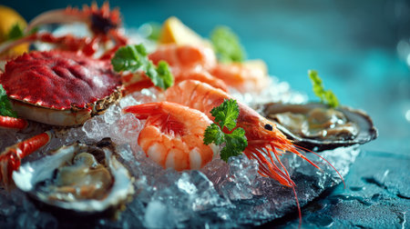 Close-up gourmet seafood presentation with crab, prawns, oysters on crushed ice, soft highlights, cold freshness conceptの素材