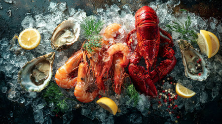 Luxury seafood assortment on crushed ice, featuring lobster, prawns, and oysters, cinematic lighting, elegant culinary atmosphereの素材