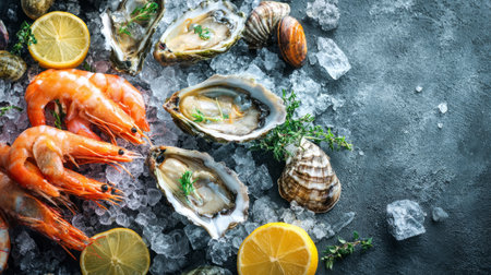 Gourmet seafood selection displayed on ice, close-up shot highlighting prawns and oysters with lemon wedges, elegant culinary stylingの素材
