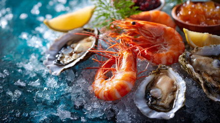 Exquisite seafood arrangement on ice, vibrant colors of prawns and oysters highlighted, macro detail, elegant food photography aestheticの素材