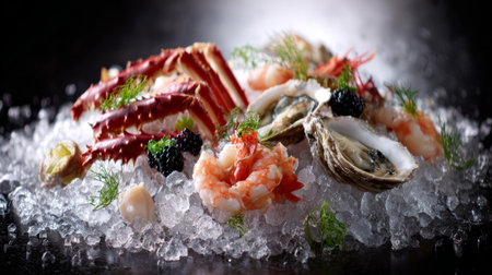 Elegant chilled seafood arrangement on crushed ice, crab claws, prawns, oysters, fine texture and detail, upscale restaurant presentationの素材