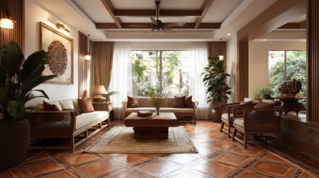 Elegant living room with rattan and wood furniture, terracotta floor tiles, warm natural light, oriental-inspired interior design, calm and inviting atmosphereの素材