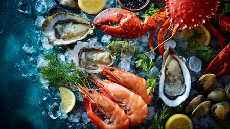 Seafood feast on ice in close-up detail, prawns, oysters, crab arranged artistically, top-down view, editorial food photographyの素材