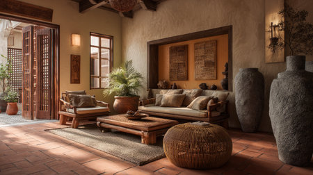 Rustic oriental interior design with handcrafted rattan furniture, solid wood accents, terracotta tile flooring, earthy textures, calm moodの素材