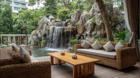 Beautiful home terrace with natural rattan and wood decor, overlooking a tranquil waterfall feature, calm luxury resort atmosphereの素材