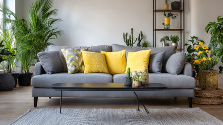 Contemporary home interior with gray sofa, yellow cushions, minimalist coffee table, indoor greenery, modern cozy atmosphereの素材