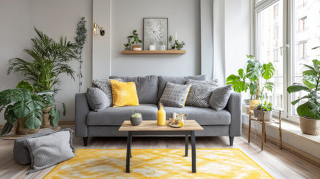 Bright apartment living room featuring gray couch, yellow accent rug, coffee table, and plants near the window, clean modern designの素材