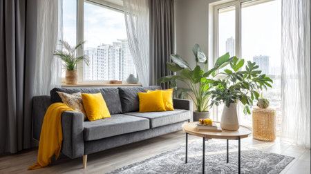 Urban apartment interior with gray and yellow color palette, modern sofa, minimal decor, and houseplants by the window, soft daylightの素材