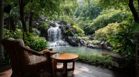 Outdoor sanctuary with rattan chair and wooden table overlooking an artificial waterfall merging into a tropical landscape, peaceful zen designの素材