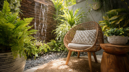 Elegant modern veranda setup featuring rattan chair and table, next to cascading water feature surrounded by lush plants, peaceful retreatの素材