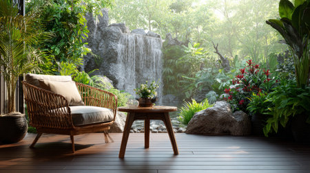 Modern tropical veranda design with rattan armchair, solid wood table, artificial waterfall, and vibrant greenery, serene morning sceneの素材