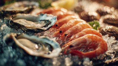 Exquisite macro food shot of seafood on ice, prawns and oysters arranged in harmony, fine dining mood, detailed texturesの素材