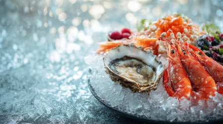 Close-up gourmet seafood presentation with crab, prawns, oysters on crushed ice, soft highlights, cold freshness conceptの素材
