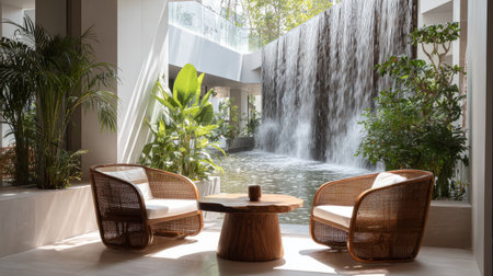 Minimalist veranda design with woven rattan chair and wood table, beside an artistic waterfall installation, calm luxurious retreat vibeの素材