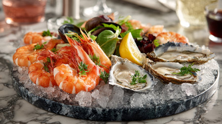 Delicious chilled seafood platter, prawns and oysters on crushed ice, elegant marble background, fine dining atmosphereの素材
