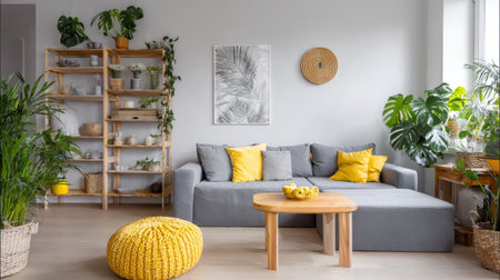 Trendy gray and yellow lounge space with minimalist decor, soft fabrics, wooden furniture, and natural green plants, calm home vibeの素材