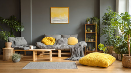 Trendy gray and yellow lounge space with minimalist decor, soft fabrics, wooden furniture, and natural green plants, calm home vibeの素材