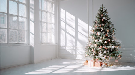 Bright festive interior, minimalist Christmas decor, white walls, and a simple tree with pastel ornaments and winter sunlightの素材