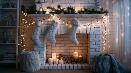 Cozy winter interior, a white brick hearth with stockings and pine decor, candles glowing softly beneath twinkling string lightsの素材