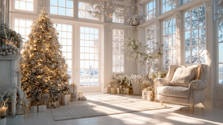 Bright interior filled with winter sunlight, Christmas tree sparkling with lights, gifts under it, and New Year countdown decorations nearbyの素材