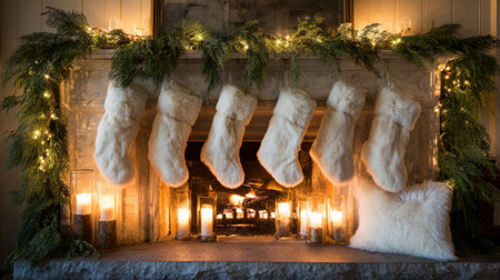 Classic holiday fireplace decorated with natural pine garland, shimmering lights, and white fur-trimmed stockings, all glowing in candlelightの素材