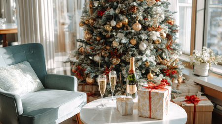 Bright modern apartment decorated for Christmas and New Year, festive tree, gifts under it, champagne glasses on the tableの素材