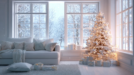 Peaceful winter home scene, white minimalist room, beautifully lit Christmas tree, gifts arranged underneath, snow softly falling outsideの素材